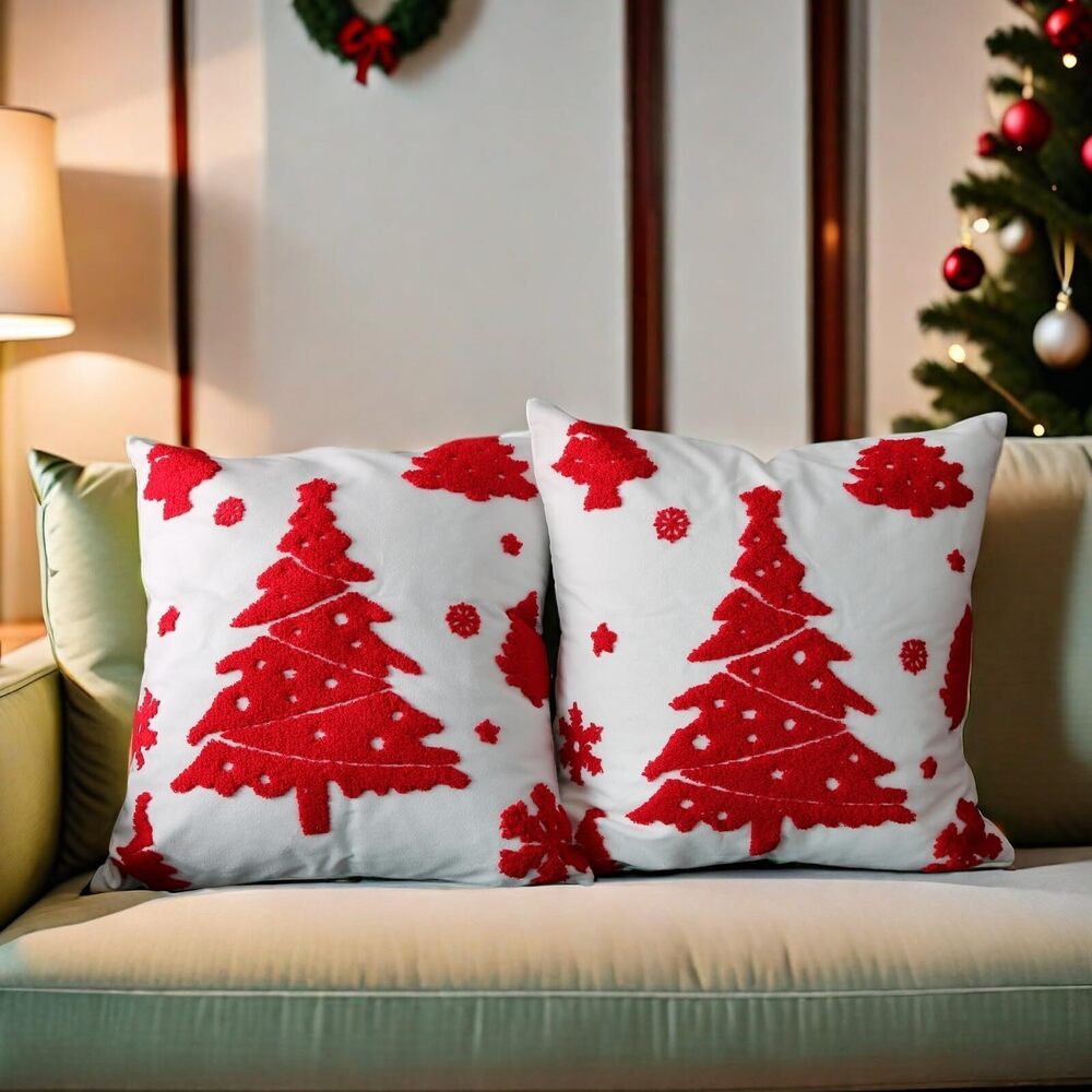 1329 Pack of 2 White Christmas Embroidered Pillow Covers,Christmas Tree